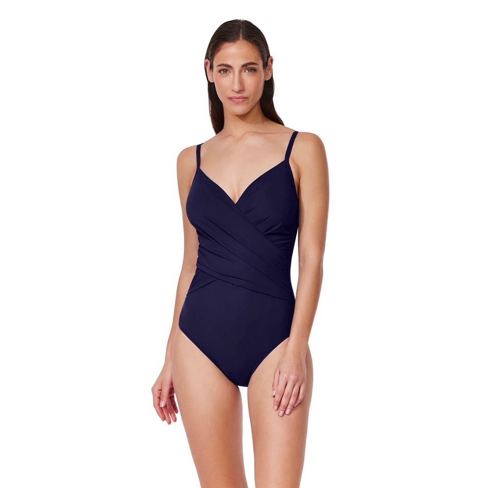 Gottex Tutti Frutti VNeck Surplice One Piece Swimsuit Navy 16D NWT Tummy Control